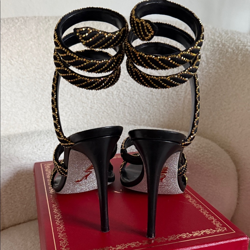 Rene Caovilla Black and Gold Strappy Heels - Picture 4 of 7